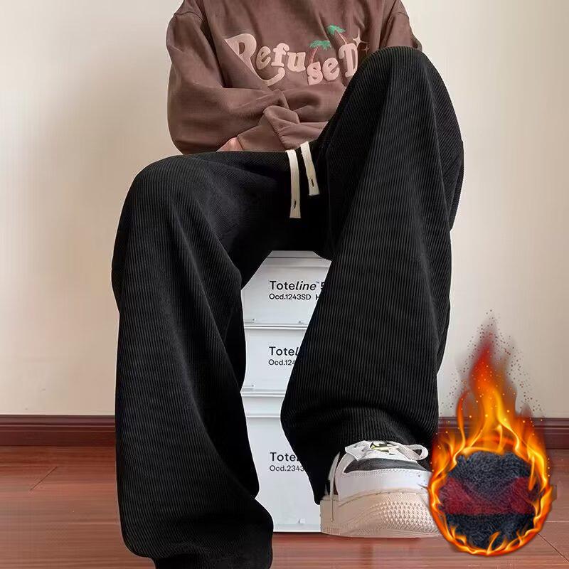 Casual Pants for Men's Autumn and Winter New Style Hong Kong Style Loose Large Size Straight Pants Fashionable Simple Plush Wide-leg Pants
