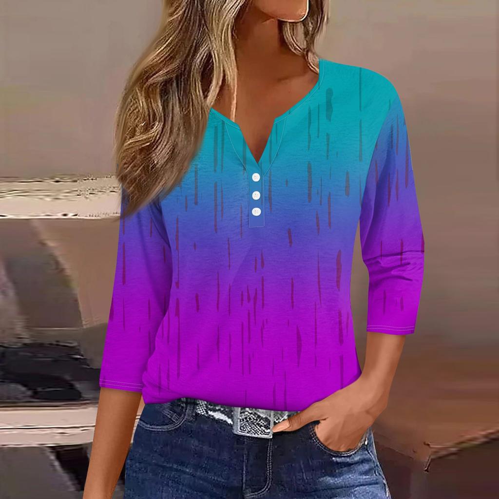 Women's T Shirt Tee Print Button  3/4 Sleeve  Daily Weekend Fashion Basic V- Neck Regular Top