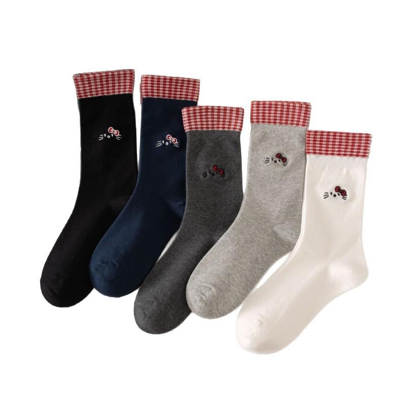 Female Spring and Autumn Lovely Cartoon Embroidery Bow Red Plaid Flanging Boneless Tube Socks