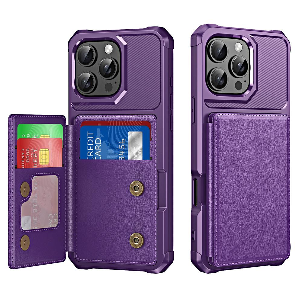 

For iPhone 15 Pro Max Case Card Slot Kickstand Leather+TPU Reinforced Corner Phone Cover Purple