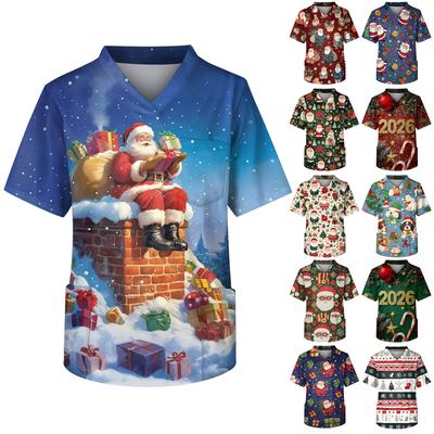 Men's Printing Short Sleeve V-neck Working Blouse Chest Pocket Carer Top