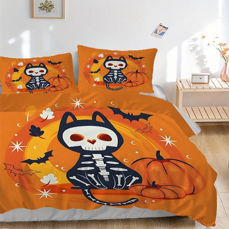 3pcs Cat Skull Halloween Elements Printed Quilt Set - Includes 1 Quilt Cover and 2 Pillowcases, Machine Washable - Suitable for All Seasons.H020