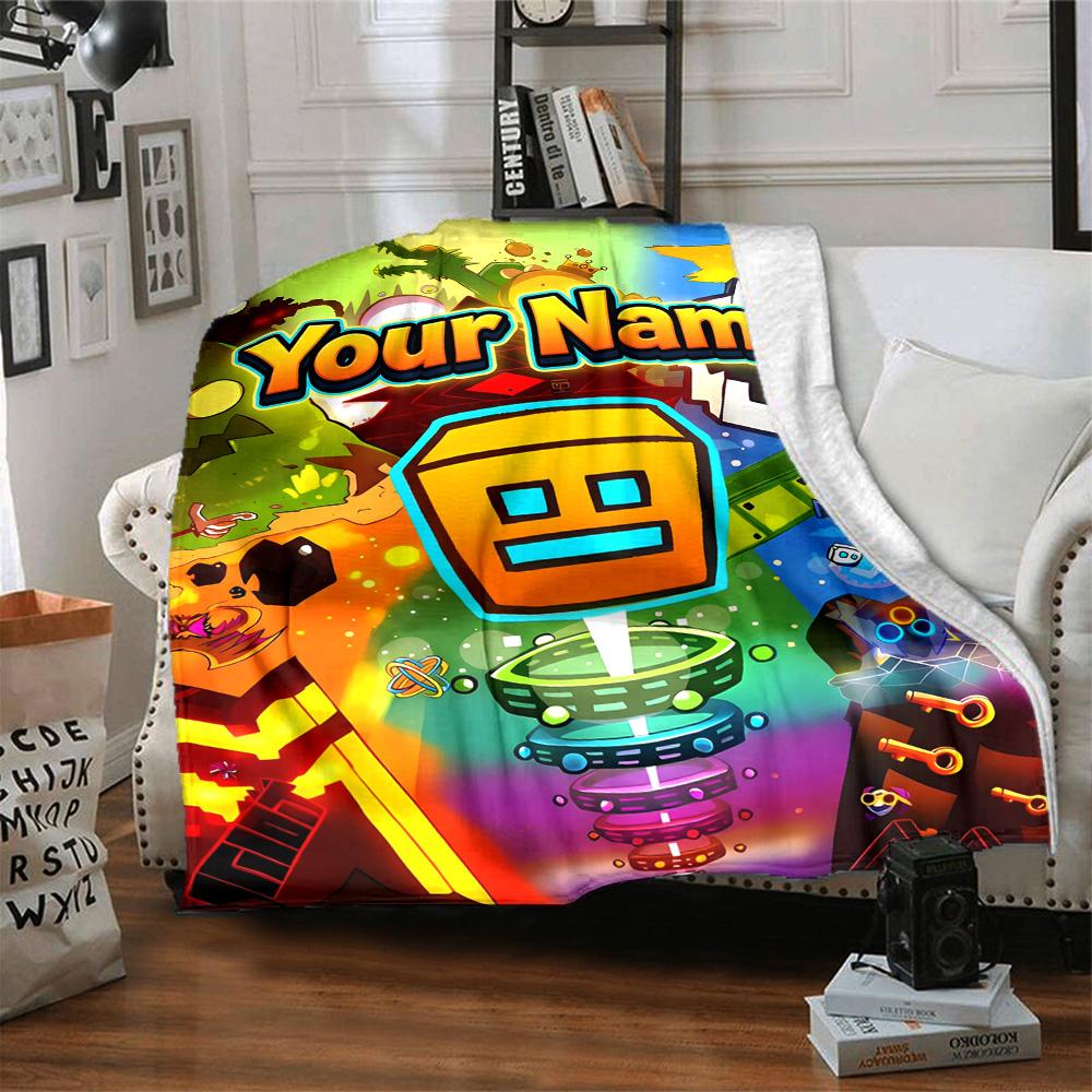 1pc Geometry Dash Blanket with Custom Name, Gift, for Men and Women, Soft Blanket, Good for Sofa Bed Couch Travel, Lightweight Flannel Blanket