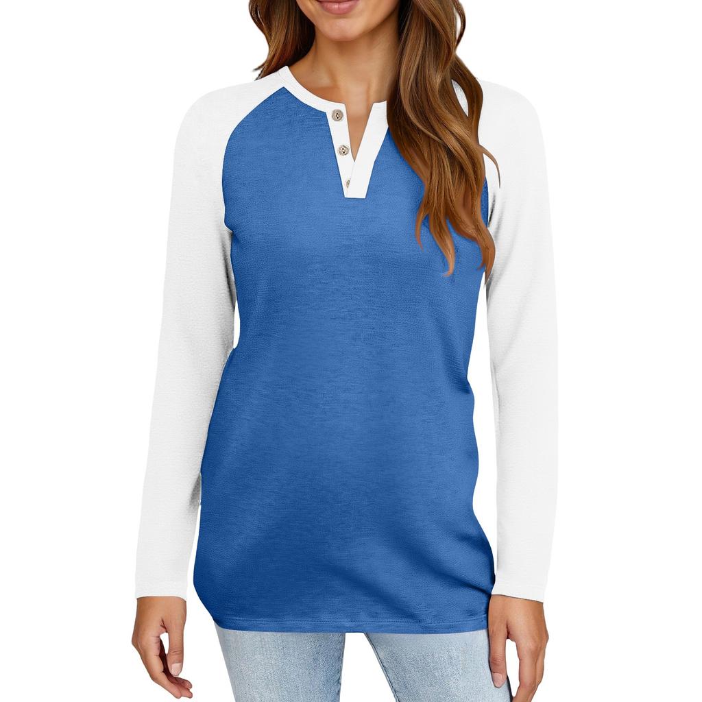 Women's T Shirt Color Block Button Long Sleeve Daily Weekend Fashion Basic V- Neck Regular Top