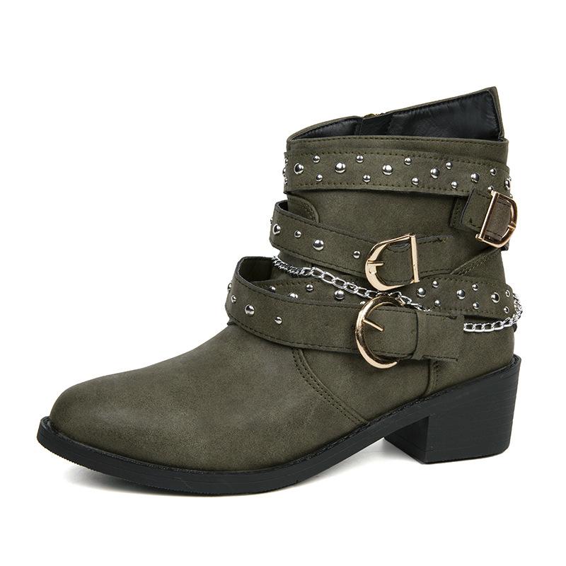 Women Low Heel Block Chunky Ankle Boots Buckle Accents Faux Leather Upper Rubber Sole Pointed Toe Trendy