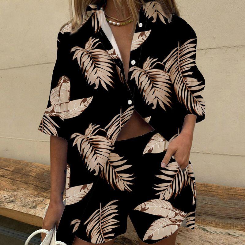 Summer Women's Two Piece Short Sets Women Casual Print Short Sleeve Shirts 2 Piece Set Shorts Loose Office Shirts Suit Outfites