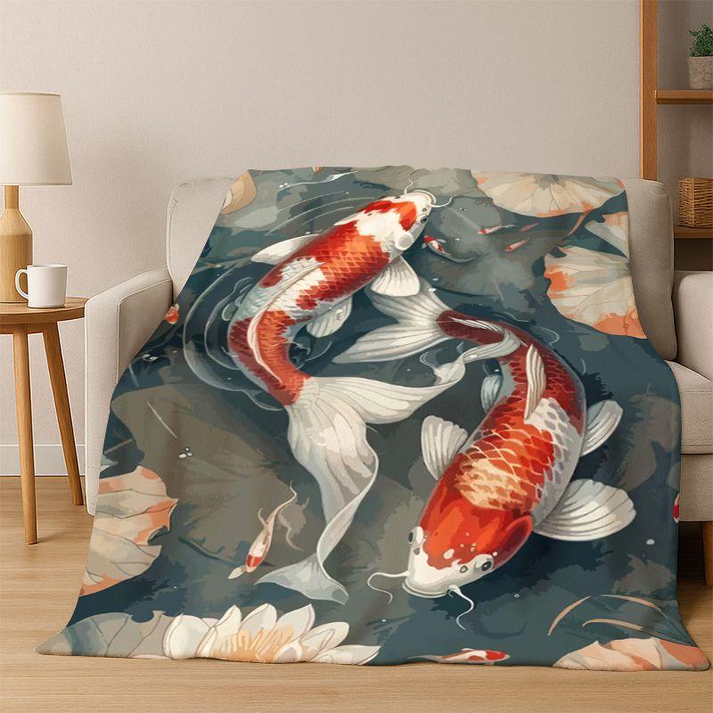 GOOD LUCK Koi Fish Yin Yang Carp Cartoon Flannel Blanket Soft Warm Throw Blanket for Bedroom Living Room Bed Travel Picnic Gift