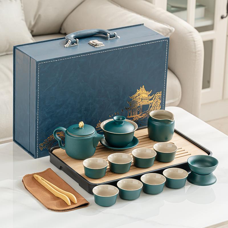 Simple high-end coarse pottery tea set, full set of home office teapots, portable high-end leather bags