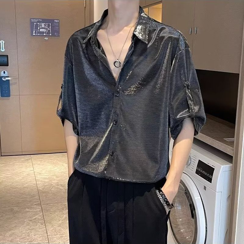 

Винтажные однотонные рубашки свободного кроя, летняя мода, сшитые, мужская одежда, универсальные, однобортные, повседневные корейские рубашки-поло с отложным воротником L