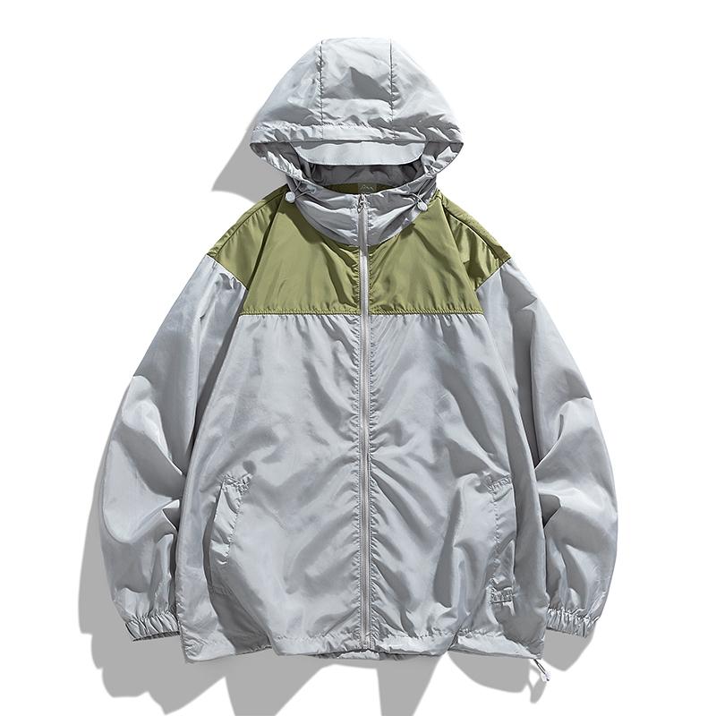 

Men s Beige & Brown Color Block Hooded Windbreaker, Lightweight Waterproof Outdoor Jacket with Zipper Pockets, Casual Streetwear Style M світло-сірого кольору