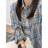 American Vintage Sanding Plaid Shirts Women's Long Sleeve Outerwear 2025 Spring and Autumn Top Blue High-Grade Inner Wear Shirt