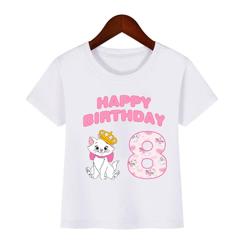 Cute Marie Cat Print Cartoon Girls Clothes 1 2 3 4 5 6 7 8 9 Years Happy Birthday Kids T Shirt Baby Boys Children T-Shirt Gift