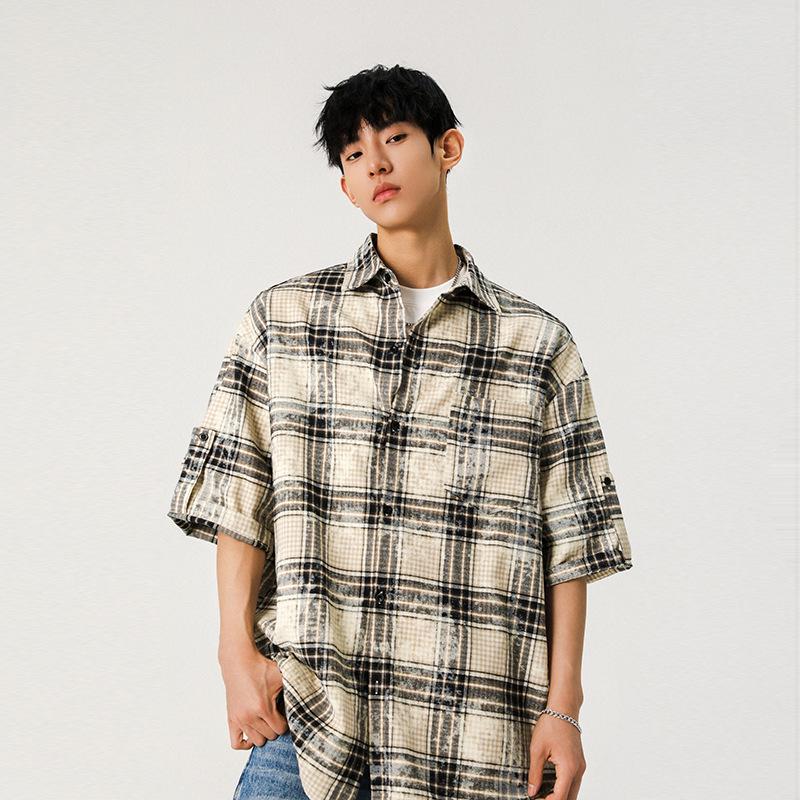 

Мужская японская рубашка в клетку в стиле ретро с коротким рукавом и эффектом тай-дай XL хаки