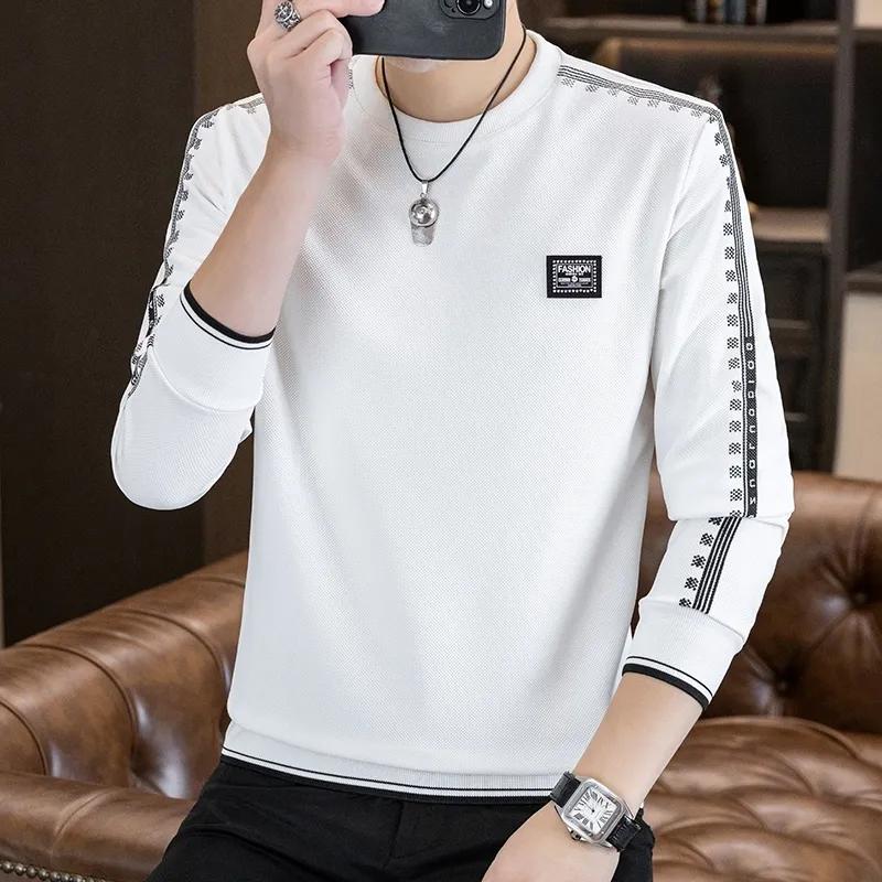 Fashionable Letter Patch Designs T-shirts Autumn New Casual Striped Men's Clothing Long Sleeve Basic Round Neck Korean Pullovers