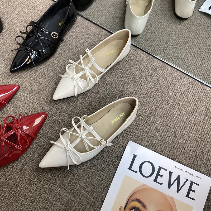 XINZHOU French Temperament Pointed Bow Single Shoes Women's 2025 New Spring Red Flat Mary Jane Shoes