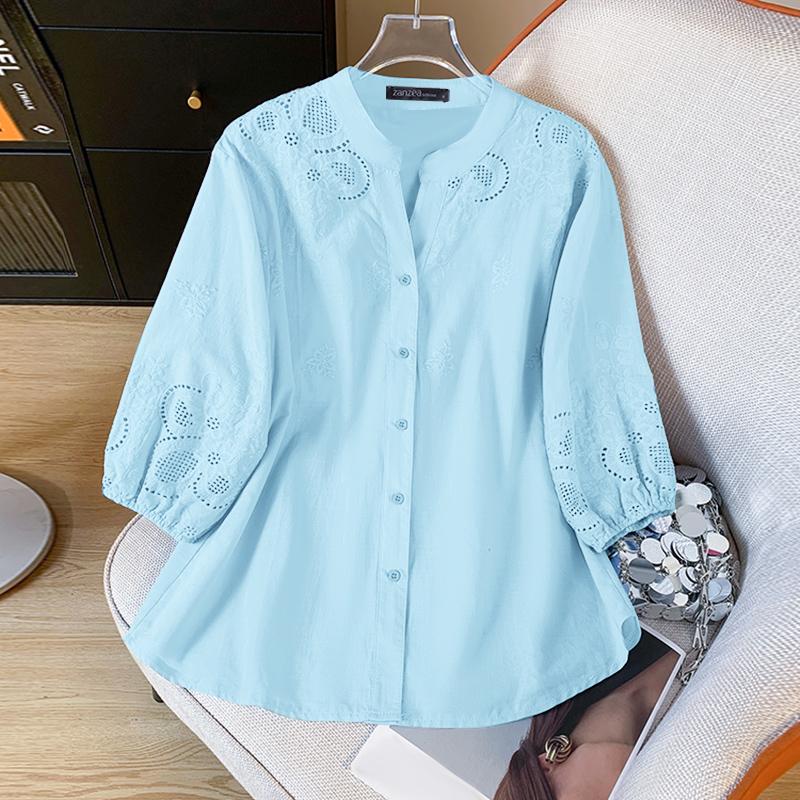 

ZANZEA Женские осенние свободные рубашки с воротником-стойкой и рукавом 3/4 с принтом S синий