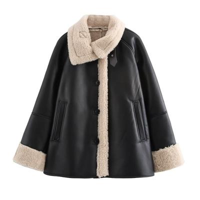 Womens Oversized Faux Leather Jacket Winter Streetwear Loose Fit Double-Sided Coat With Flip Collar
