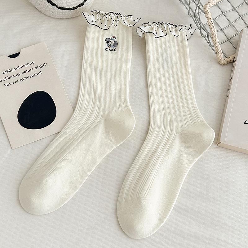 2025 Autumn Women's Mid-Calf Cotton Socks - Korean Cartoon Dog Embroidery with Lace Ruffle