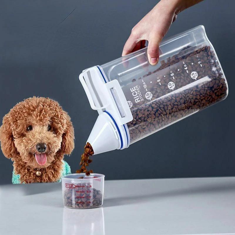 2kg Dog Cat Food Pail Plastic Storage Tank with Measuring Cup Container Moisture-proof Sealed Jar Pet Supplies Accessories