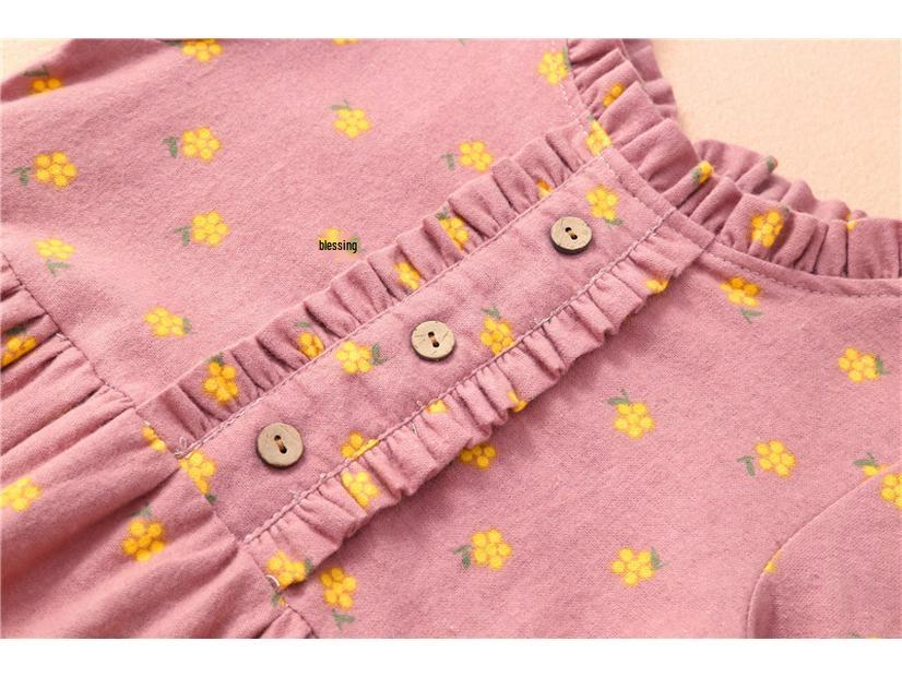 Girls' Floral Princess Dress with Ruffle Collar - Long Sleeve Cotton for Spring/Autumn