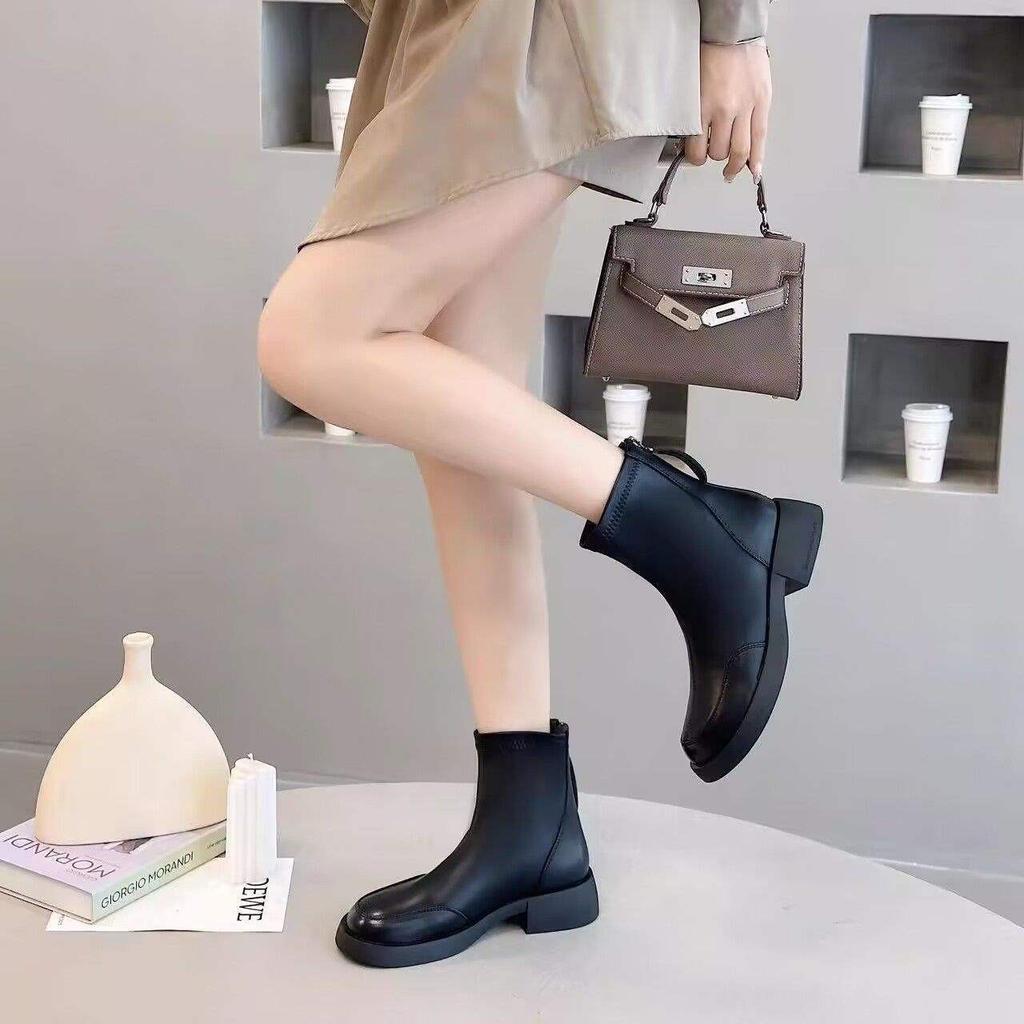 British Style Retro Martin Boots Women's Autumn and Winter 2025 New Rear Zipper Short Boots Versatile Thick-soled Elastic Thin Boots