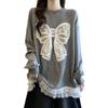 Plus Size Crocheted Lace Round Neck Slimming Long Sleeve Women's Autumn/Winter Bow Loose Mid-Length Top