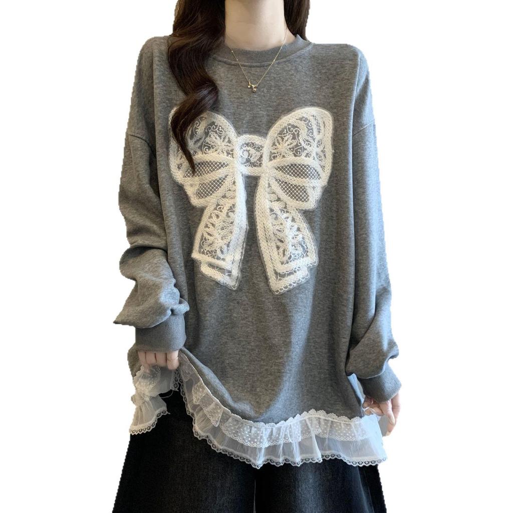 Plus Size Crocheted Lace Round Neck Slimming Long Sleeve Women's Autumn/Winter Bow Loose Mid-Length Top