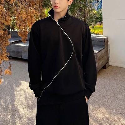 Koreanische Unregelmäßige Modische Reißverschluss-Kapuzenpullover Frühling Herbst Rollkragen Herrenbekleidung Einfarbige Basic Langarm-Sweatshirts