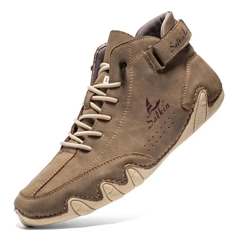 Handmade men's retro leather boots, fashionable designer shoes, outdoor boots, men's walking shoes, men's breathable boots