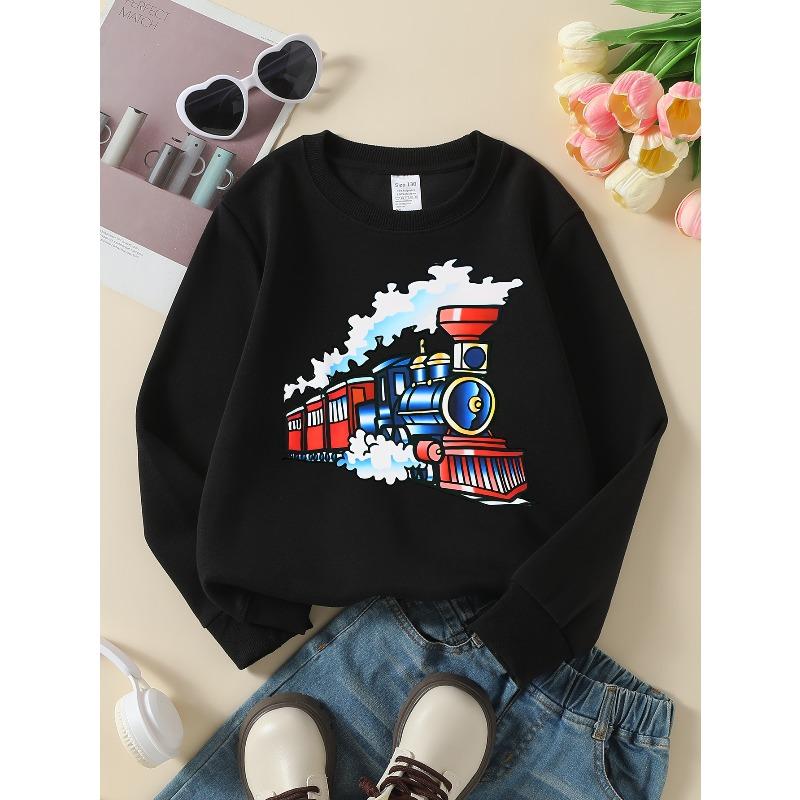 Steam Train Cartoon Engine Unisex Crew Neck Fashion Sweatshirt, Autumn and Winter Western Style Top, Children's Long Sleeved T-shirt