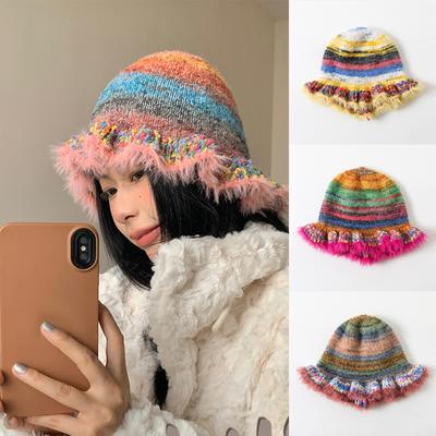 Striped Oil Painting Woolen Hat Gradient Contrast Plush Knitted Hat Retro Rainbow Knitted Hat