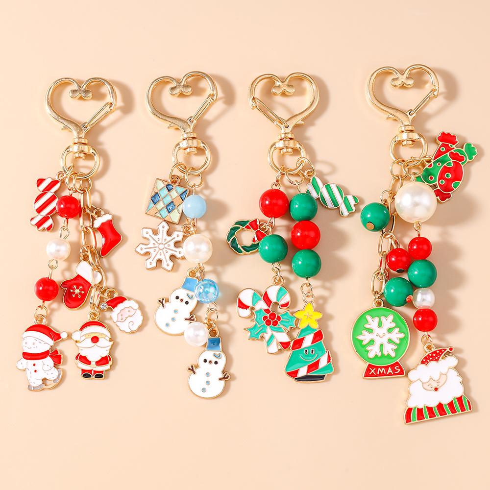 Cute Christmas Snowman Santa Claus Keychain Women Girls Pearl Beads Key Ring Pendants for Handbag Decor DIY Key Chain Gifts