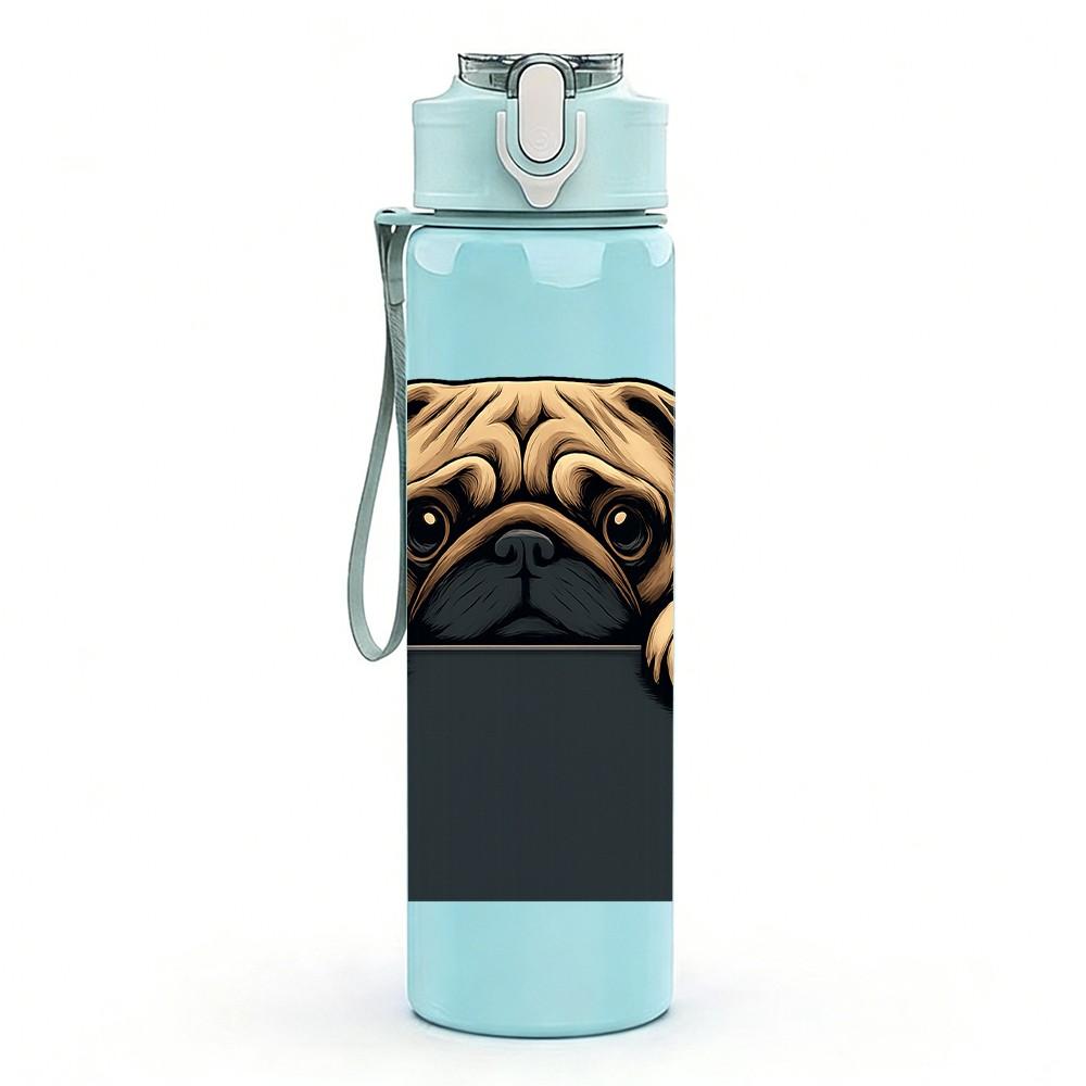 1 ks Mops Pes Vykukující Rám Tisk 750ml Barevná Plastová Sportovní Láhev na Vodu Nepropustné Sklopné Víčko se Slámkou Pro Sporty Kancelář Domácí Použití