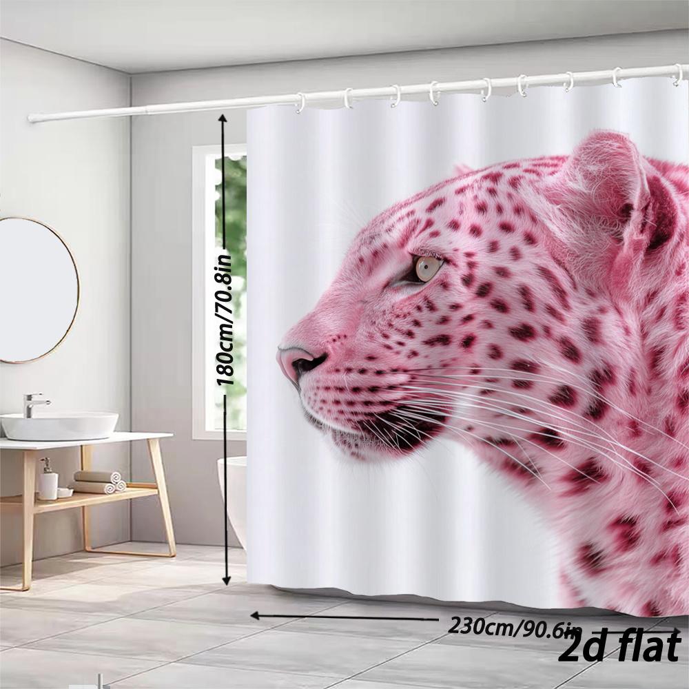 Pink Leopard Shower Curtain – 2D Flat Realistic Print, White Background, Polyester, 12 Hooks, 70.87×70.87 Inch