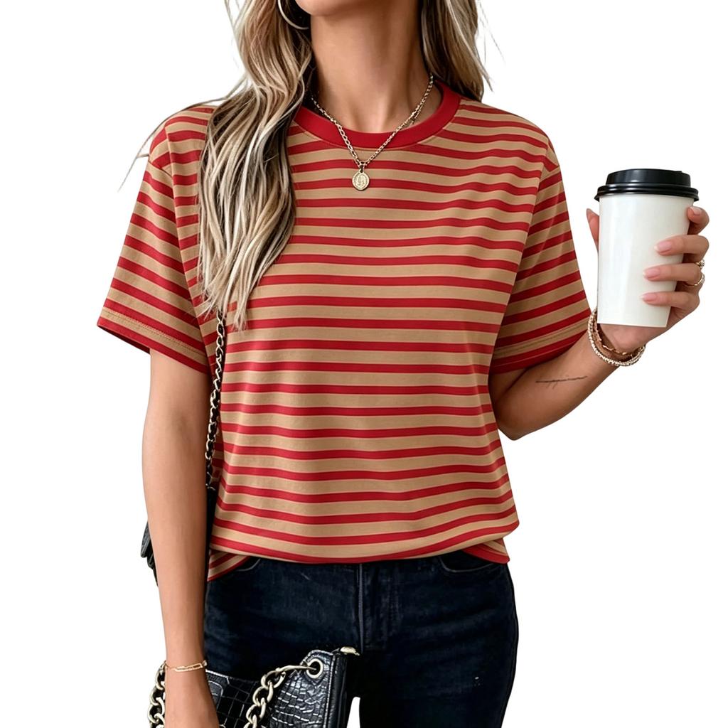 Women Short Sleeve Striped T Shirt Summer Round Neck Basic Casual Top Lightweight Breathable Soft Fabric Comfortable Fit