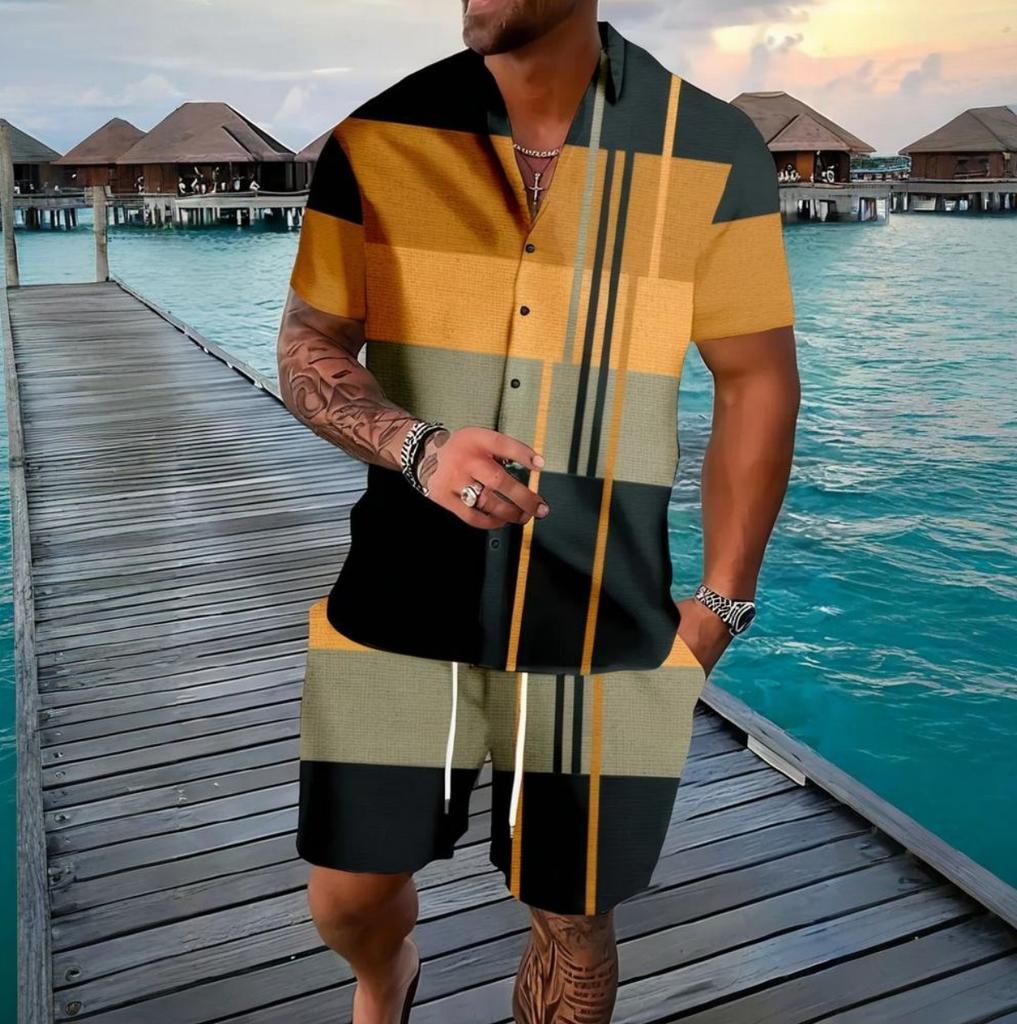 Traje Retro para Hombre Rayas Verano Exterior Manga Corta Moda Pantalones Cortos Casuales Simple Hawái Conjunto de 2 Piezas Ropa Oversize para Hombre