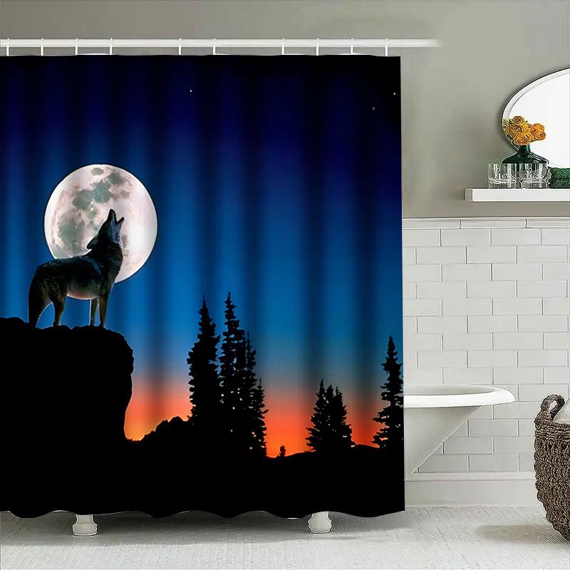 Captivating Wolf Howling At Moon Shower Curtain Forest Night Sky Blue Orange Gradient Waterproof For Bathroom Decor Easy-Clean