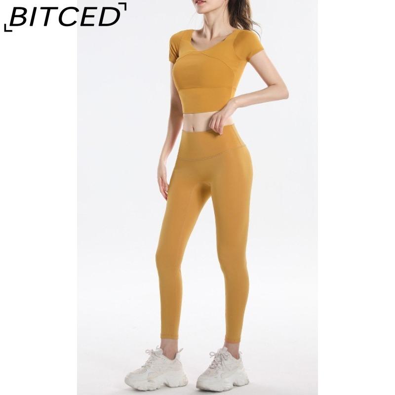 BITCED Women's Quick-Dry Short-Sleeve Sports Top with Built-in Bra, Plus Size Yoga Wear, Morning Run Fitness Set for Summer and Fall