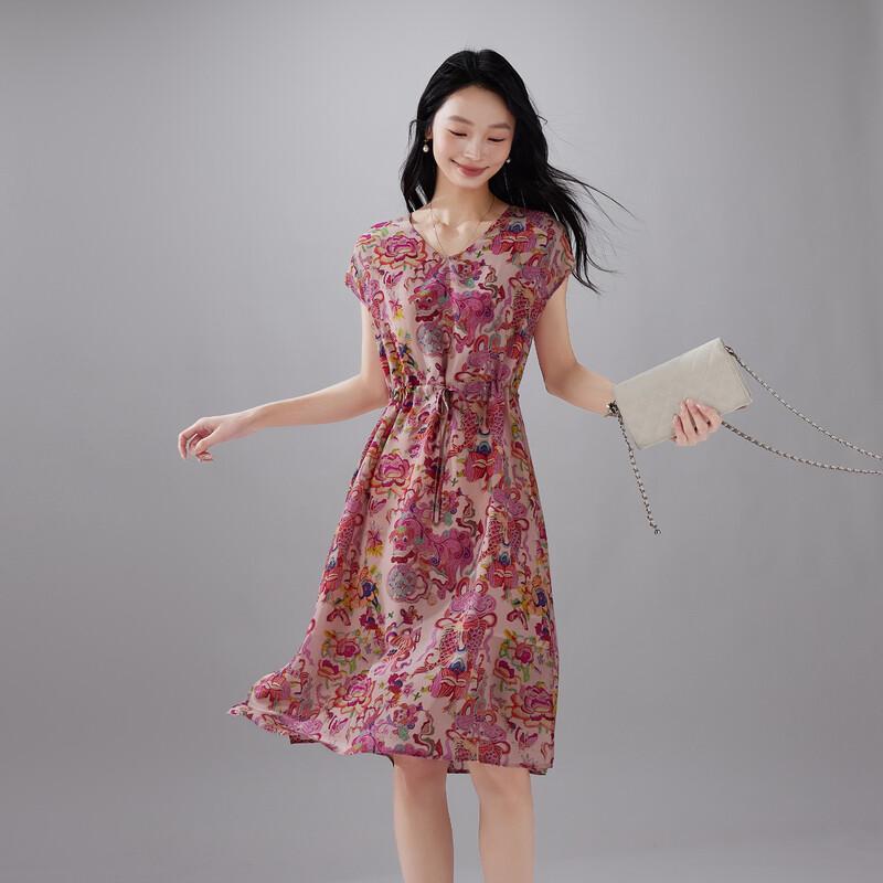 SOFSIL 2026 Summer 100% Silk Chinese Style Print Dress