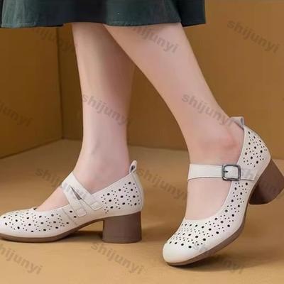 Mode Elegante Middelhoge Hak Damesschoenen Zomer Herfst Mode Gespsluiting Vintage Holle Sandalen Comfortabele Antislip Mary Jane Schoenen