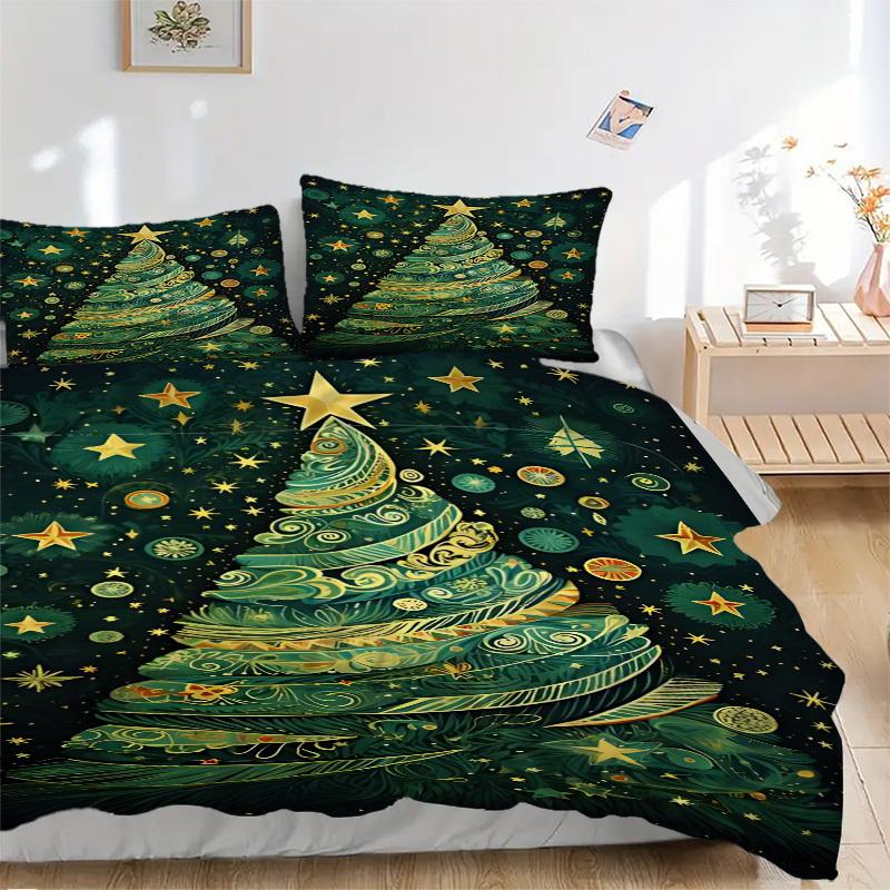 3pc Christmas Tree Decorations Cover Set - 1 Quilt Cover + 2 Pillowcases, All Seasons Bedroom Setting, Perfect for Home054