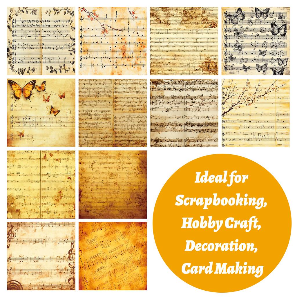 12 Sheets/Pack Retro Sheet Music Hand Account Material Paper Retro Wind Hand Account Background Paper Backing Paper