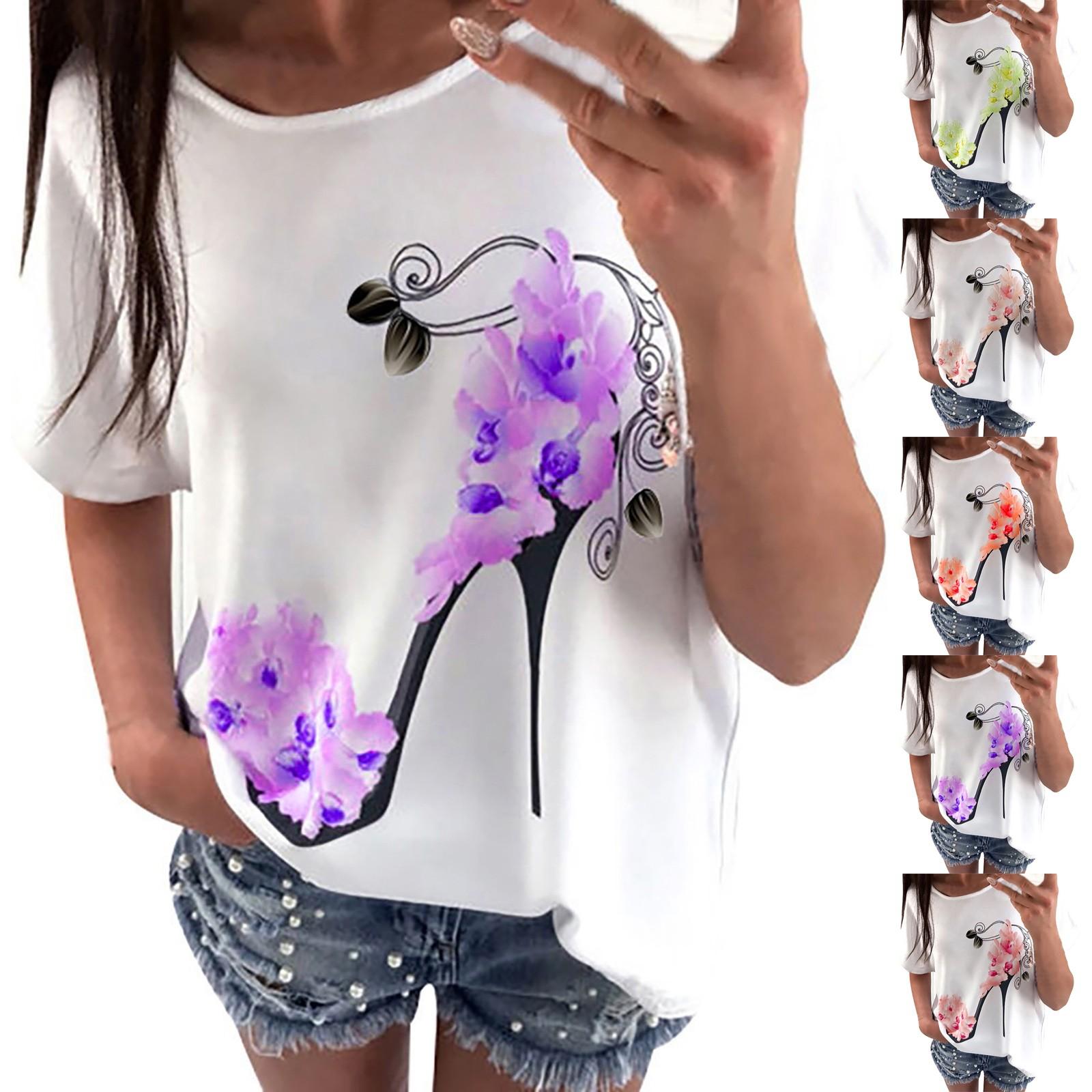 

Женская свободная футболка с рукавами, футболка с принтом на высоких каблуках, топ с короткими рукавами