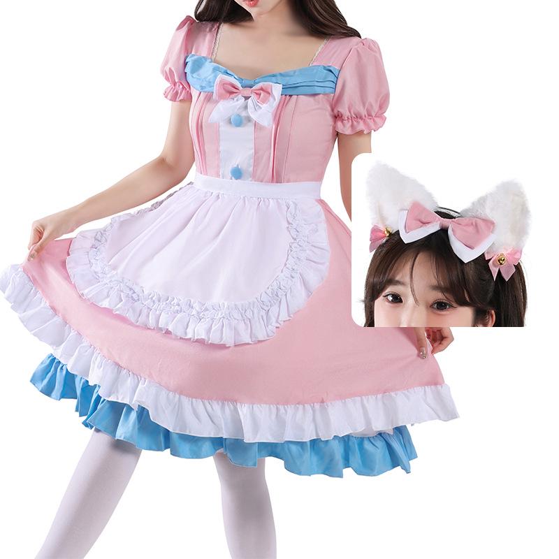 

Милый наряд горничной в стиле кафе в стиле Лолиты - розовое и синее платье с бантом для женщин One size