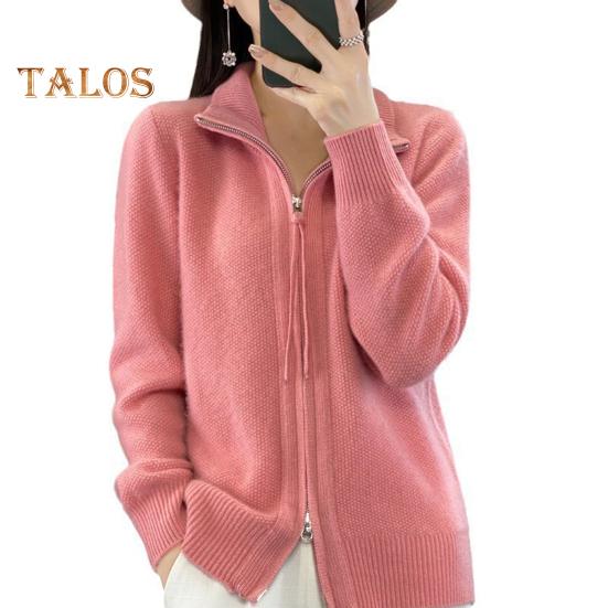 Women Knitted Sweater Coat High Collar Long Sleeve Double Zipper Placket Autumn Winter Solid Color Knitwear