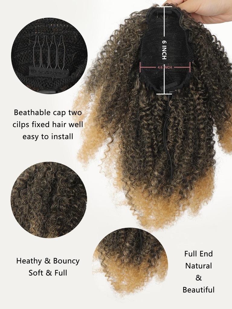 Synthetic Wig 12-inch Short Ponytail Afro Puff Kinky Curly Drawstring Ponytail Clip In Hair Extensions Natural Hairpiece Pony Tail For Women