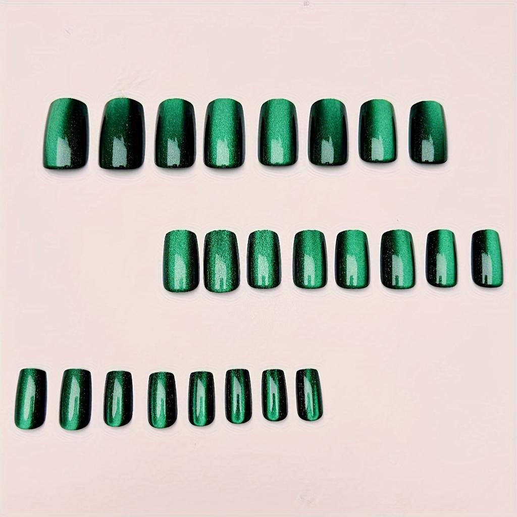 24 ks Smaragdově zelené čtvercové nalepovací nehty s efektem kočičího oka, střední délka, lesklý povrch, sada umělých nehtů