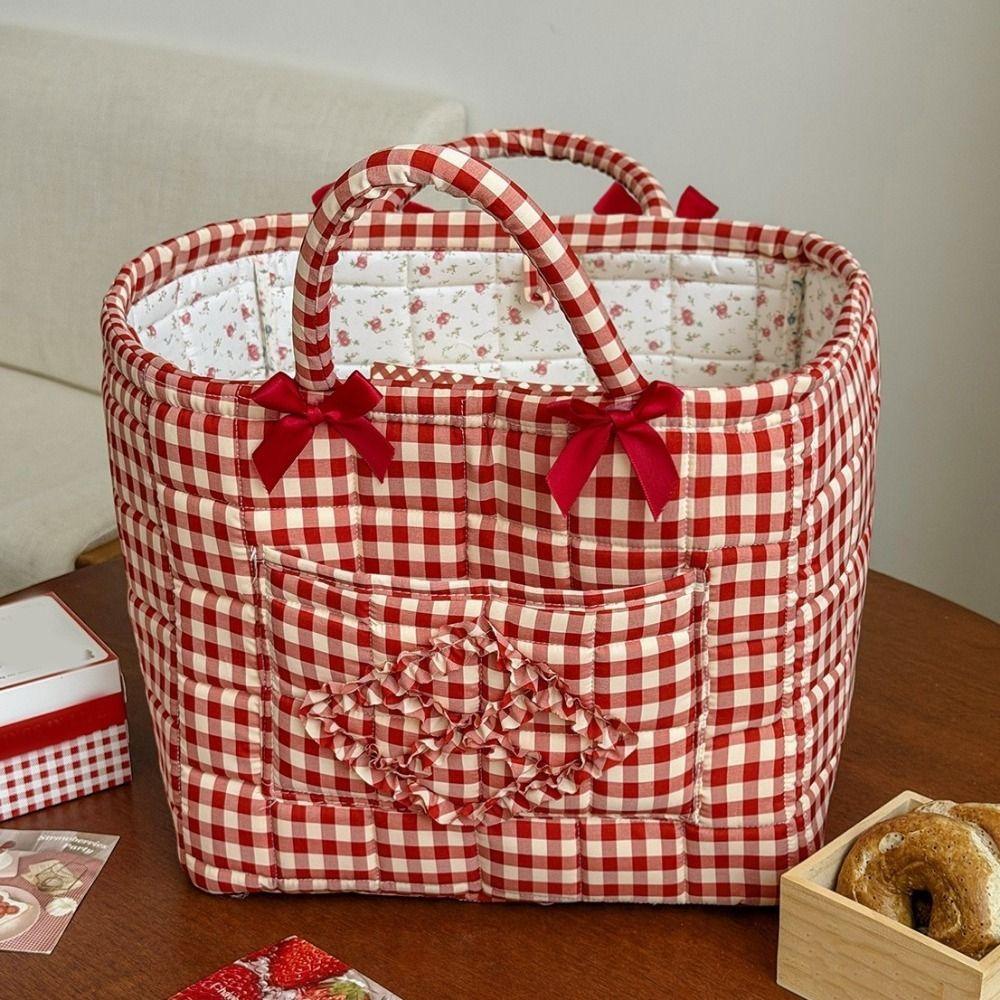 Handheld Red Plaid Storage Basket Large Capacity Clothes Toys Storage Basket Picnic