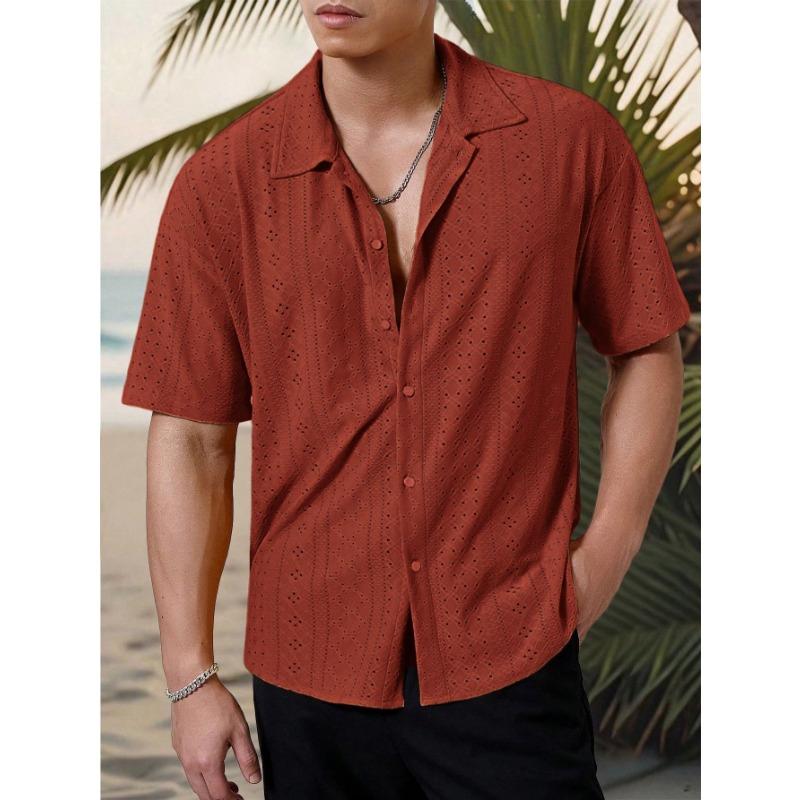 Men Notch Collar Short Sleeve Shirt Hollow Eyelet Jacquard Textured Full Button Loose Vacation Breathable Casual Blouse
