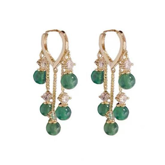 1 Pair Ladies Earrings Eye-catching Fine Workmanship Tassel Golden Plated Delicate Polishing Dress Up Vibrant Color Green Simulated Emerald Earrings